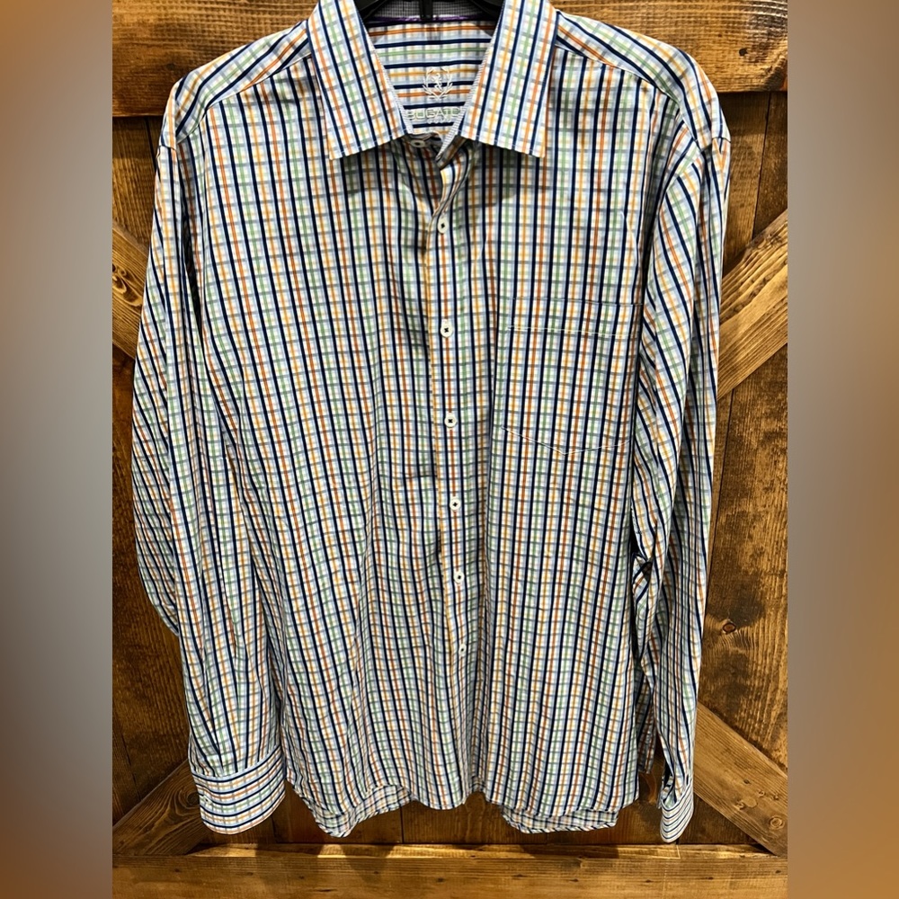 Bugatchi UOMO Classic Fit Orange Blue Green Long Sleeve Button Down Shirt. Sz L